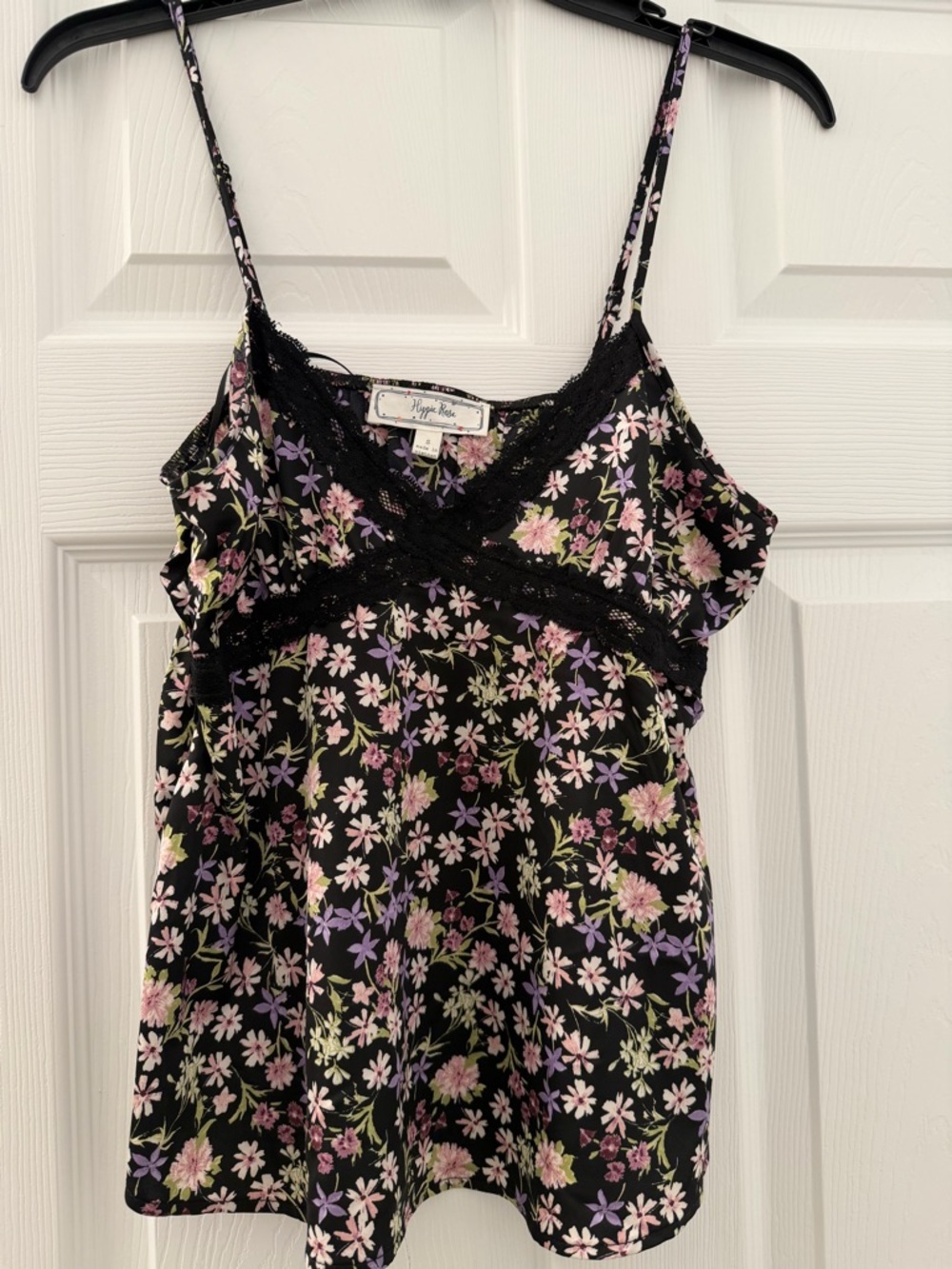 Hippie Rose Black Floral Lace Trim Cami Tank Top